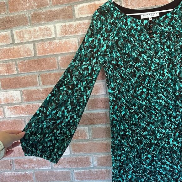 Trina Turk Long Sleeve Shift Dress Women’s Medium Geometric Teal Blue Turquoise - Picture 4 of 9